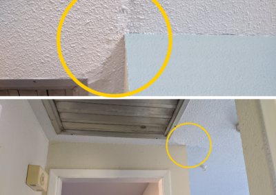 2 close up pictures of ceiling drywall crack circled
