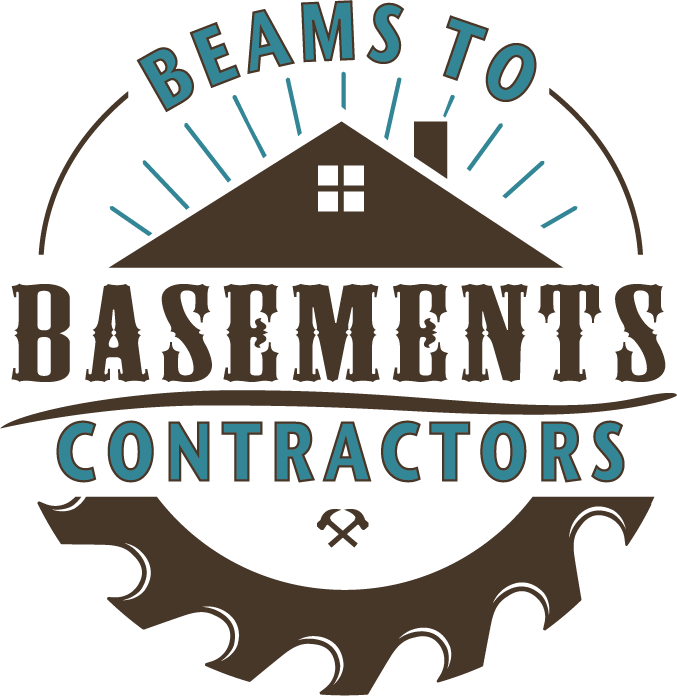 Beams to Basements Contractors logo with top of home & saw blade