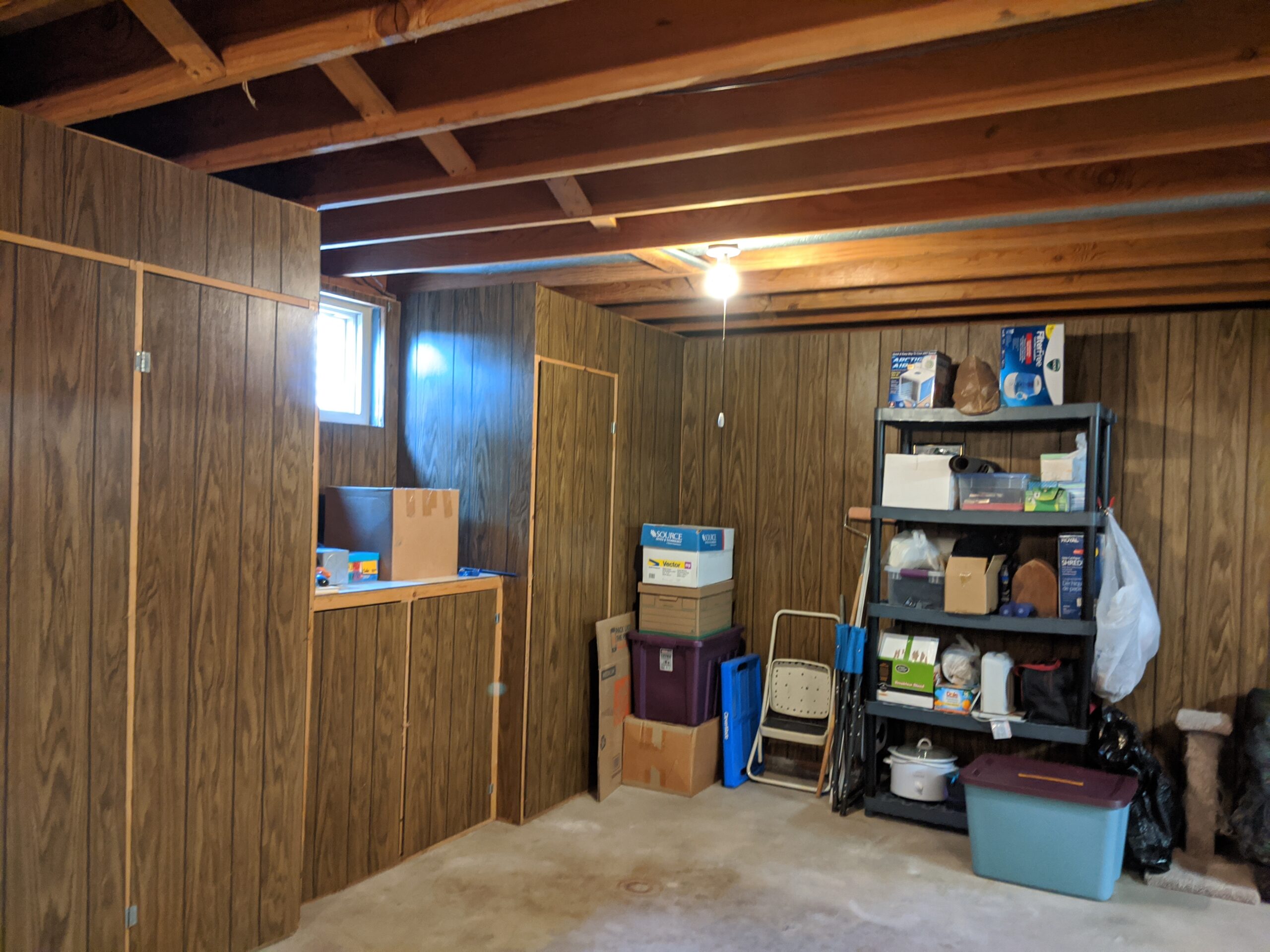 These cabinets and shelves kept things organized in the basement. Our remodel plans include a large storage area out of sight from the rec room.