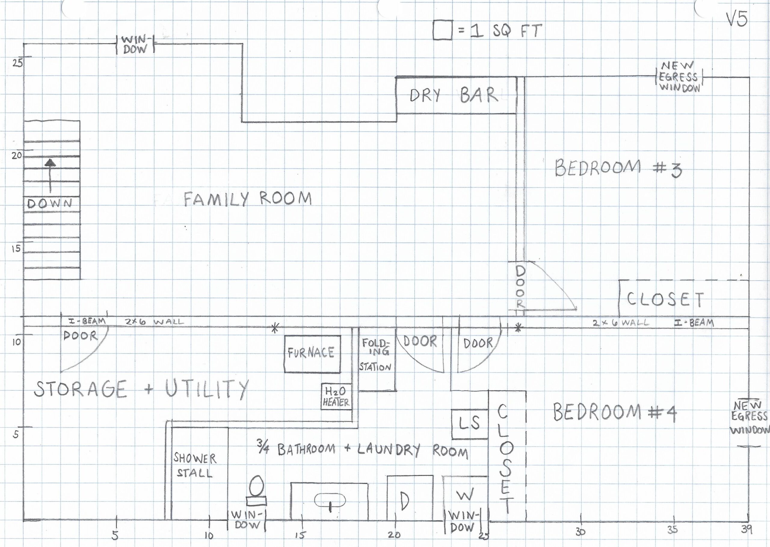 The final plans for our basement have an L-shaped bathroom & storage/utility room and 2 bedrooms that are about the same size. We also got rid of the sink at the bar and moved it into the nook, to the right of where the TV will hang.