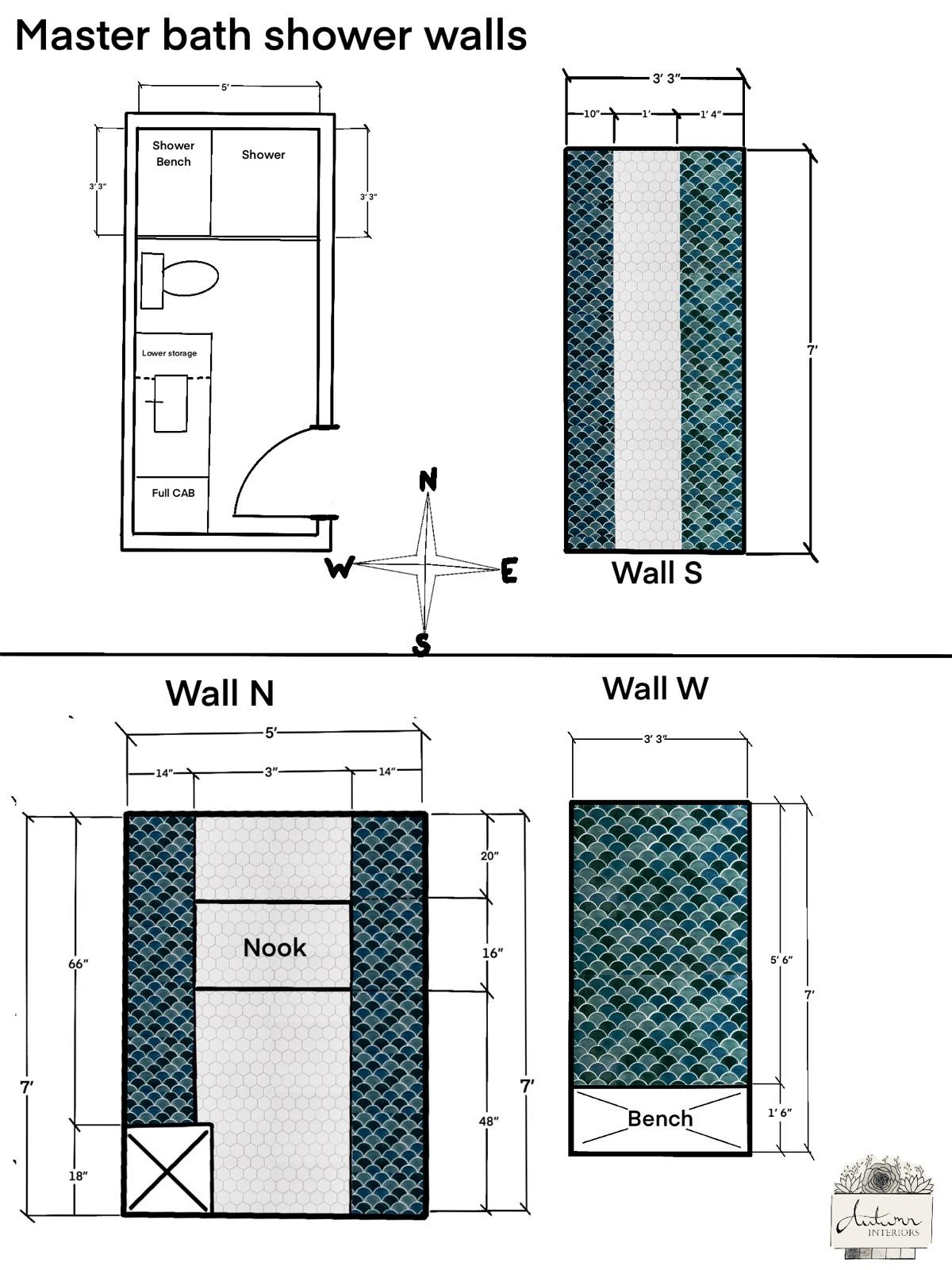 The master shower tile design originally included fish-scale-shaped tiles and striped walls.