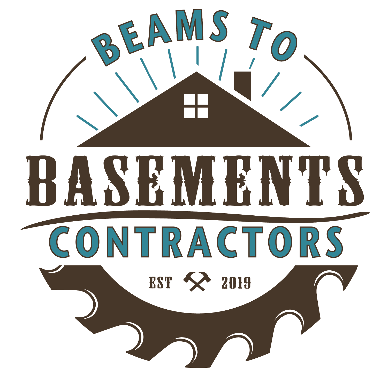 Beams to Basements Contractors logo with top of home & saw blade