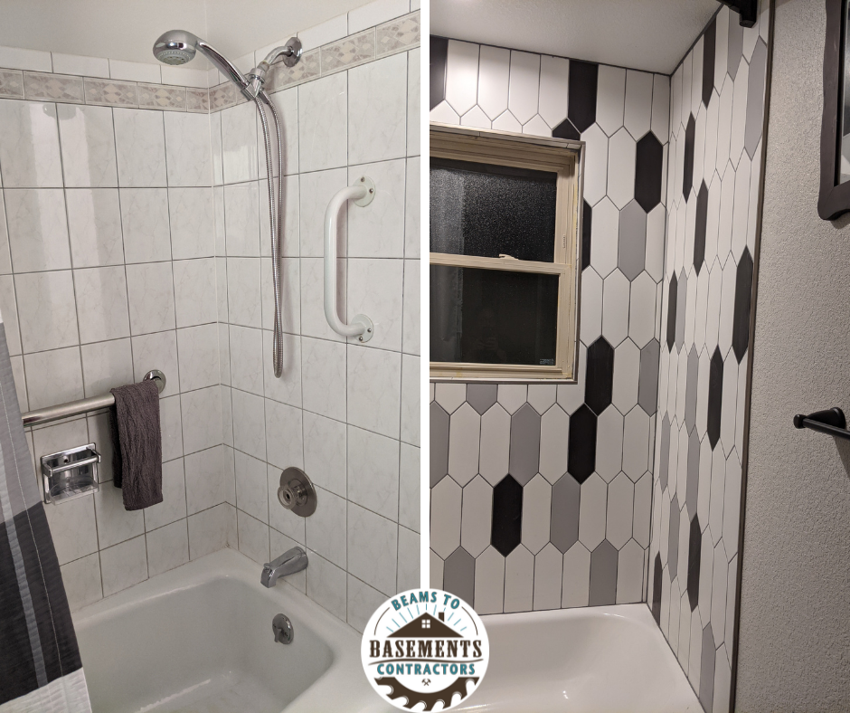 Before and after images of tiling in a bathroom