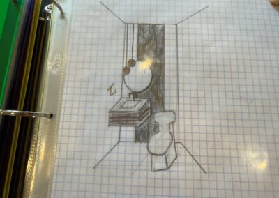 Hand-drawn concept sketch of the powder room design showing a floating vanity, bold feature wall, and light fixture placement.