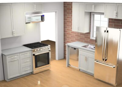 3D rendering of proposed kitchen layout with stainless steel appliances, white shaker cabinets, and brick backsplash.