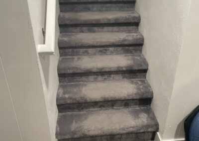 Basement stairs fully carpeted, appearing normal but hiding structural damage beneath.