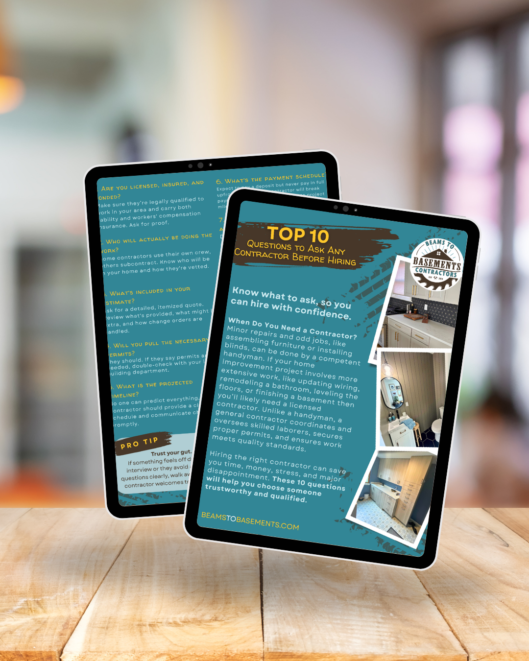 Beams- Top 10 Questions to Ask Any Contractor Before Hiring Two digital tablets displaying Beams to Basements' “Top 10 Questions to Ask Any Contractor Before Hiring” checklist, featuring a professional design with renovation imagery and tips for homeowners.
