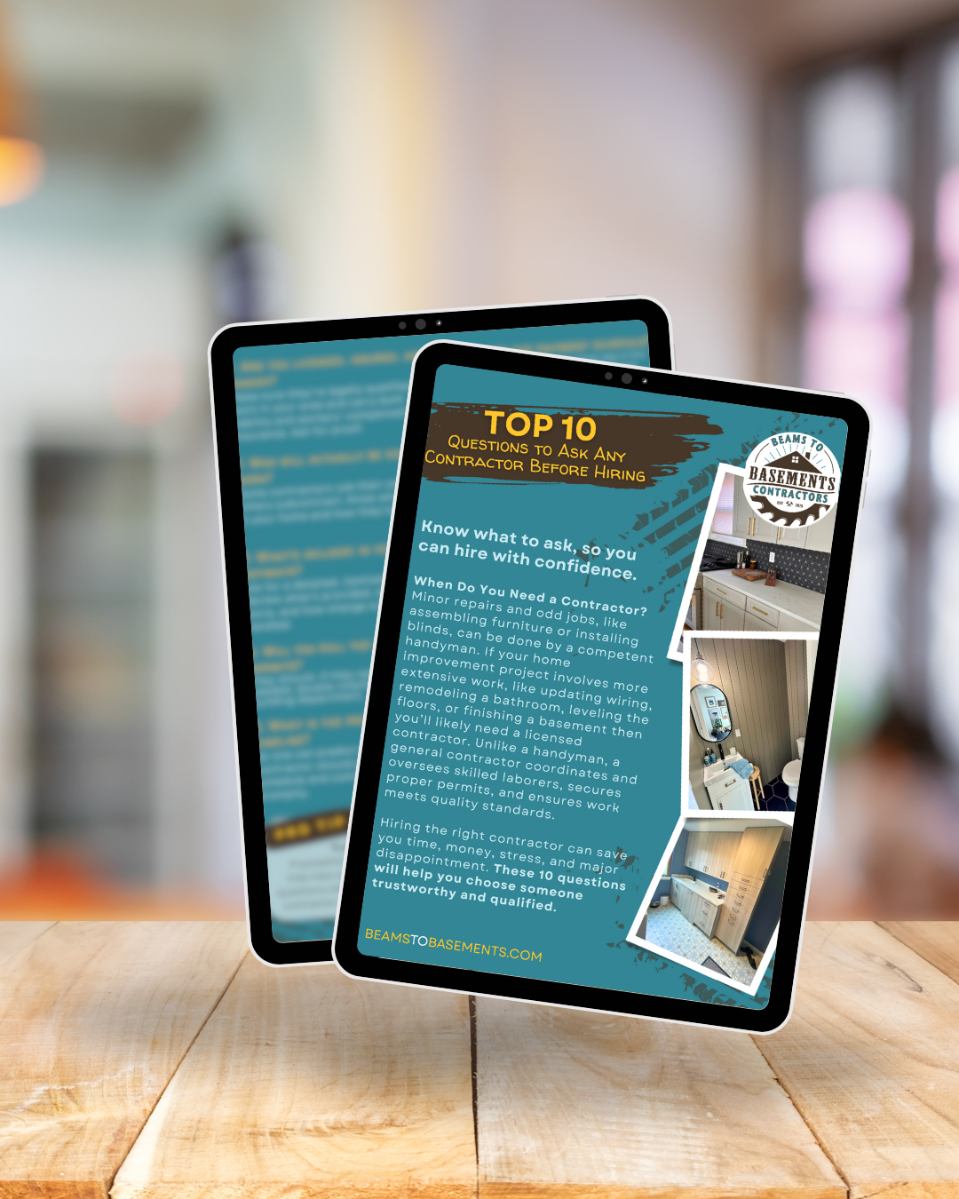Beams- Top 10 Questions to Ask Any Contractor Before Hiring Two digital tablets displaying Beams to Basements' “Top 10 Questions to Ask Any Contractor Before Hiring” checklist, featuring a professional design with renovation imagery and tips for homeowners.